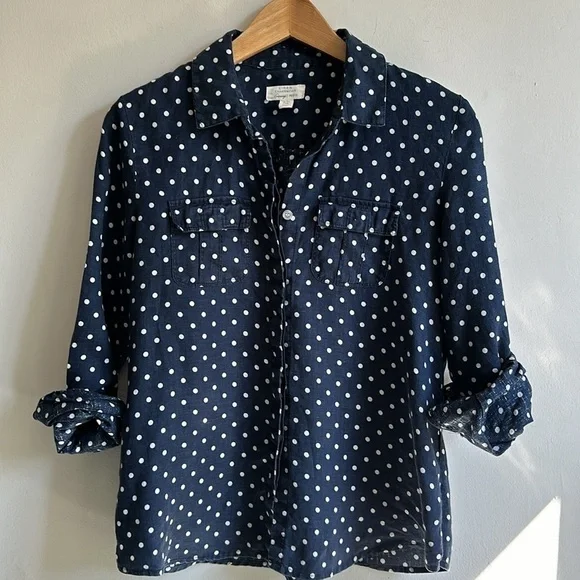 100% Linen navy & white polka dot button down shirt women’s medium petite - Picture 2 of 6